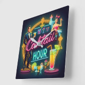 Mid Century Neon Sign Cocktail Hour Paar Vierkante Klok (Hoek)