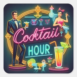 Mid Century Neon Sign Cocktail Hour Paar Vierkante Sticker