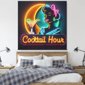 Mid Century Neon Sign Cocktail Hour Woman Canvas Afdruk (Insitu (Slaapkamer))