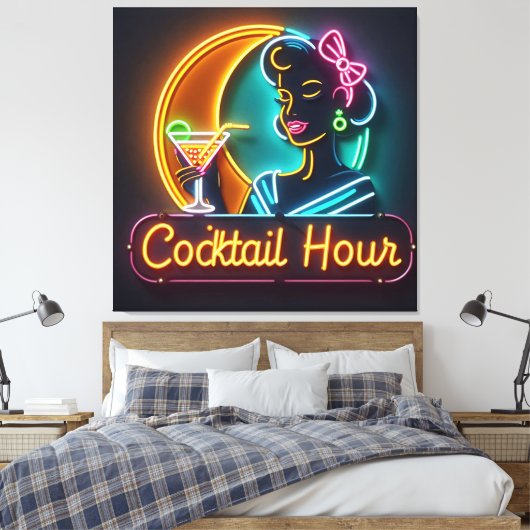 Mid Century Neon Sign Cocktail Hour Woman Canvas Afdruk (Insitu (Slaapkamer))