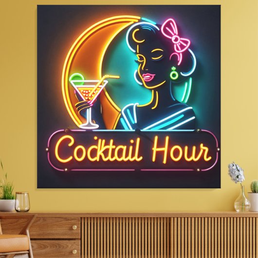 Mid Century Neon Sign Cocktail Hour Woman Canvas Afdruk (Insitu (Woonkamer))