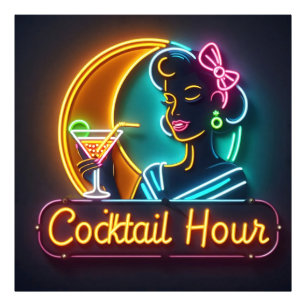 Mid Century Neon Sign Cocktail Hour Woman Foto Afdruk