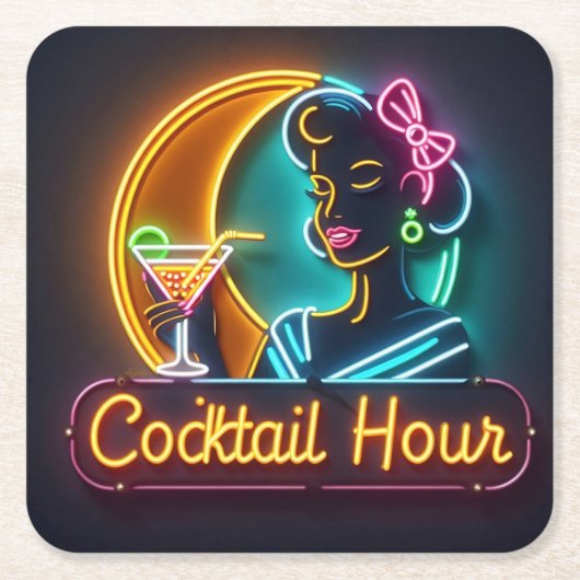 Mid Century Neon Sign Cocktail Hour Woman Kartonnen Onderzetters (Voorkant)