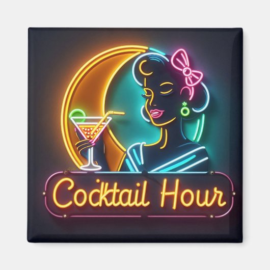 Mid Century Neon Sign Cocktail Hour Woman Magneet (Voorkant)