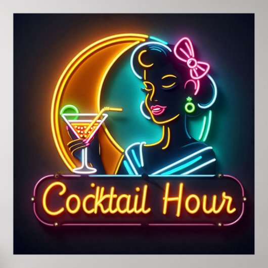Mid Century Neon Sign Cocktail Hour Woman Poster (Voorkant)