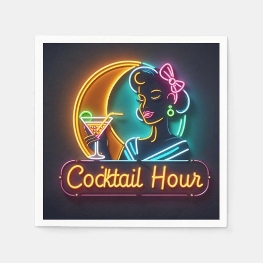 Mid Century Neon Sign Cocktail Hour Woman Servet (Voorkant)