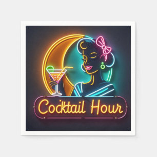 Mid Century Neon Sign Cocktail Hour Woman Servet
