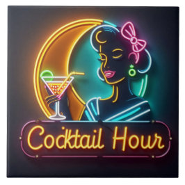 Mid Century Neon Sign Cocktail Hour Woman Tegeltje