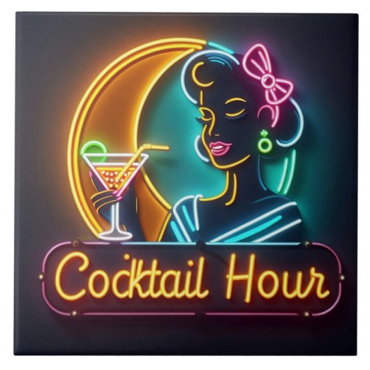 Mid Century Neon Sign Cocktail Hour Woman Tegeltje (Voorkant)