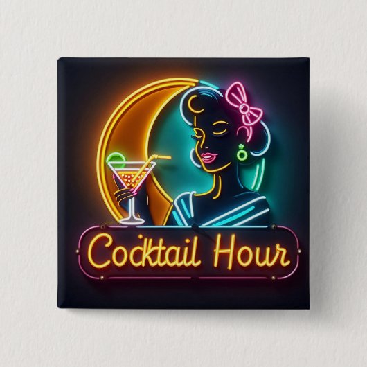 Mid Century Neon Sign Cocktail Hour Woman Vierkante Button 5,1 Cm (Voorkant)