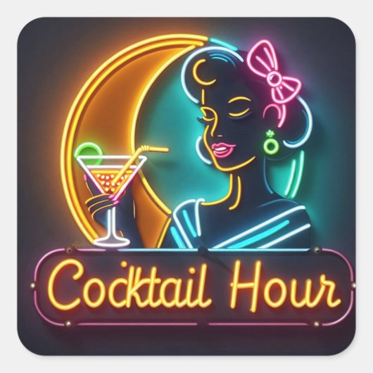 Mid Century Neon Sign Cocktail Hour Woman Vierkante Sticker (Voorkant)
