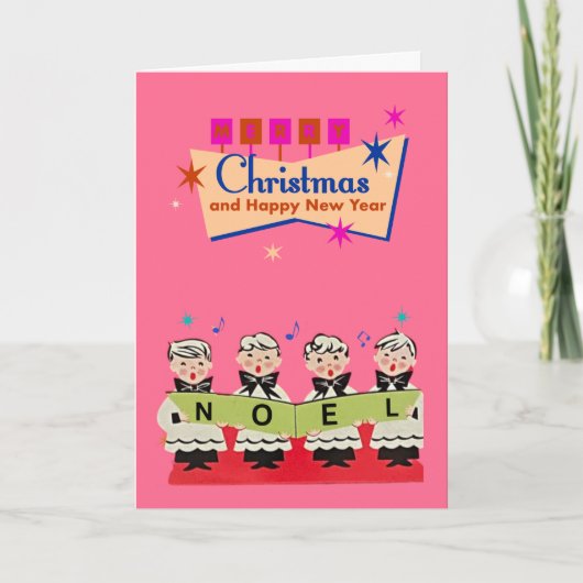 Mid-Century Noel Choir Boys Roze Kerstmis Kaart (Voorkant)