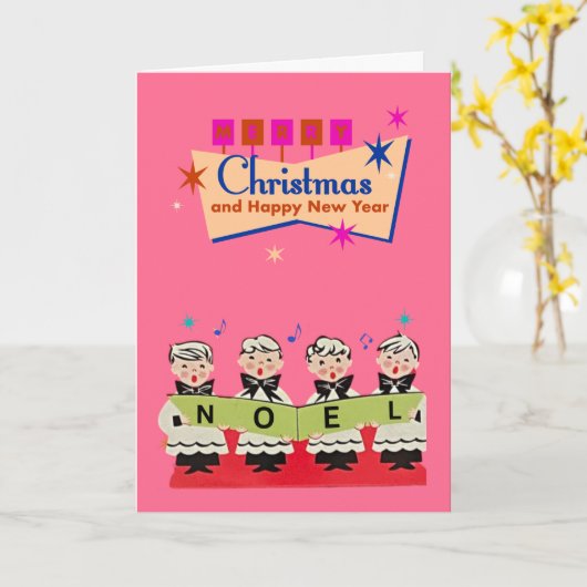 Mid-Century Noel Choir Boys Roze Kerstmis Kaart (Gele Bloem)