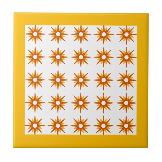 Mid-Century Oranje & Geel Starburst Patroon Tegeltje (Voorkant)
