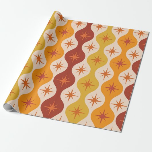 Mid Century Oranje Mod Stars op ogeenpatroon Cadeaupapier (Uitgerold)