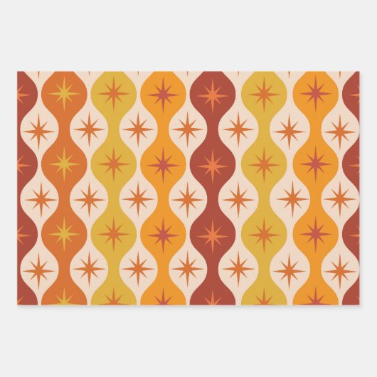 Mid Century Oranje Mod Stars op ogeenpatroon Inpakpapier Vel (Voorkant 3)