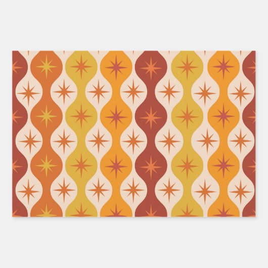 Mid Century Oranje Mod Stars op ogeenpatroon Inpakpapier Vel (Voorkant 2)