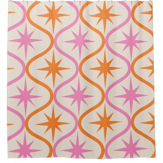 Mid Century Oranje roze Starbursts op Ogee Pattern Douchegordijn (Voorkant)