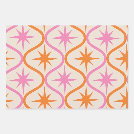 Mid Century Oranje roze Starbursts op Ogee Pattern Inpakpapier Vel (Voorkant)