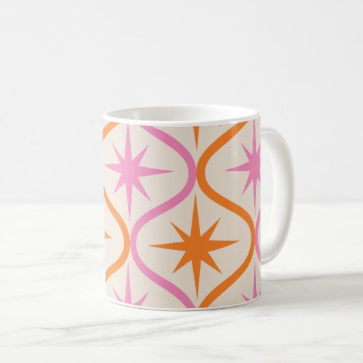 Mid Century Oranje roze Starbursts op Ogee Pattern Koffiemok (Voorkant rechts)