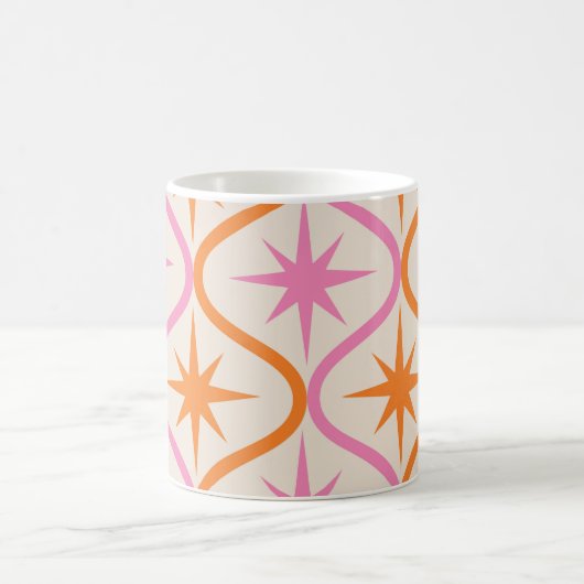 Mid Century Oranje roze Starbursts op Ogee Pattern Koffiemok (Center)
