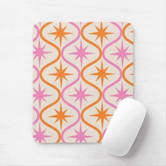 Mid Century Oranje roze Starbursts op Ogee Pattern Muismat (Met muis)