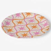 Mid Century Oranje roze Starbursts op Ogee Pattern Papieren Bordje (Gekanteld)