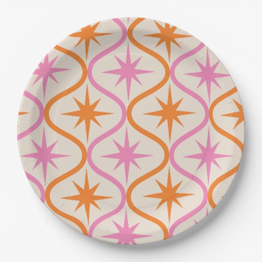 Mid Century Oranje roze Starbursts op Ogee Pattern Papieren Bordje (Voorkant)