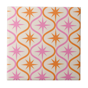 Mid Century Oranje roze Starbursts op Ogee Pattern Tegeltje