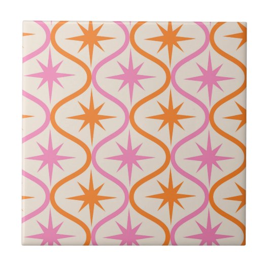 Mid Century Oranje roze Starbursts op Ogee Pattern Tegeltje (Voorkant)