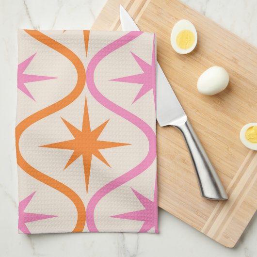 Mid Century Oranje roze Starbursts op Ogee Pattern Theedoek (Quarter Fold)