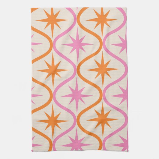 Mid Century Oranje roze Starbursts op Ogee Pattern Theedoek (Verticaal)