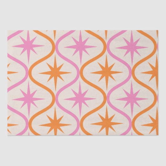 Mid Century Oranje roze Starbursts op Ogee Pattern Tissuepapier (Voorkant)