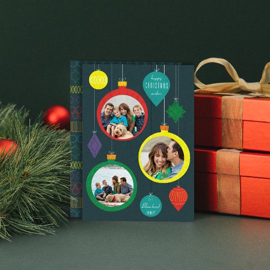 Mid Century Ornamenten Drie foto vakantie Kaart