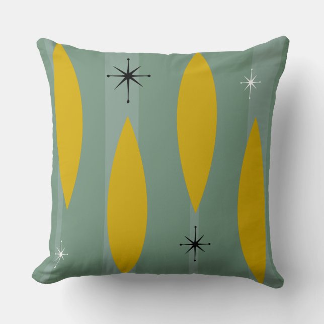 Mid Century Ovals Starbursts Stripes, Goud op Blau Kussen (Voorkant)