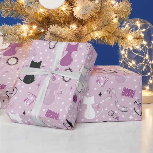 Mid Century Paarse hartkatten Cadeaupapier (Feestdagen)