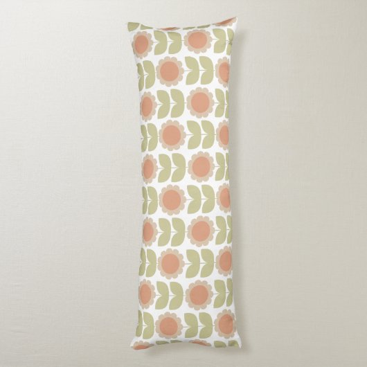 Mid-Century Pastel Pink Retro Floral Pattern Lichaamskussen (Achterkant (Verticaal))