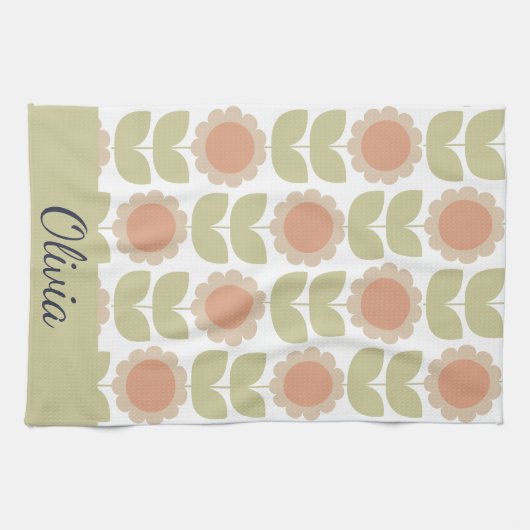  Mid-Century Pastel Pink Retro Floral Pattern Theedoek (Horizontaal)