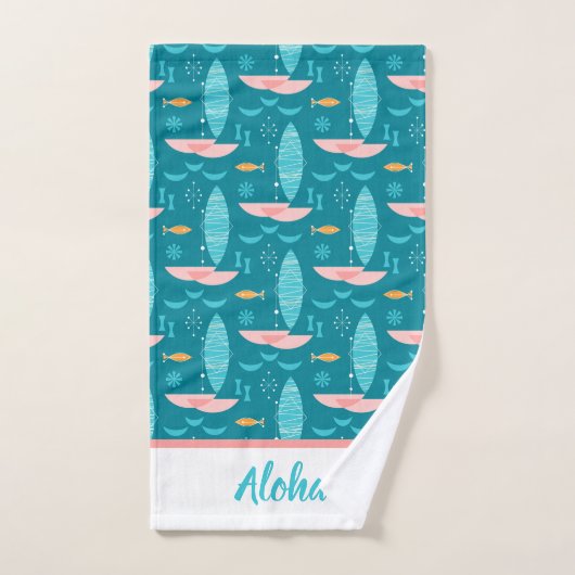 Mid Century Pink Catamaran - Blue Background Bad Handdoek (Handdoek)