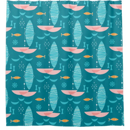 Mid Century Pink Catamaran - Blue Background Douchegordijn (Voorkant)