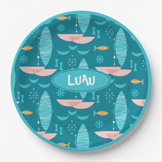 Mid Century Pink Catamaran - Blue Background Papieren Bordje (Voorkant)