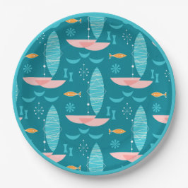 Mid Century Pink Catamaran - Blue Background Papieren Bordje
