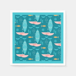 Mid Century Pink Catamaran - Blue Background Servet