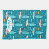 Mid Century Pink Catamaran - Blue Background Theedoek (Horizontaal)