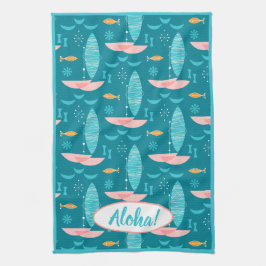 Mid Century Pink Catamaran - Blue Background Theedoek