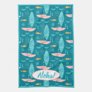 Mid Century Pink Catamaran - Blue Background Theedoek