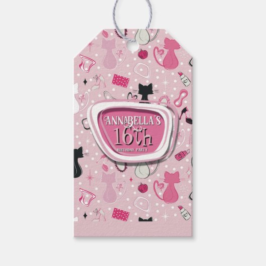 Mid Century Pink Heart Cats Birthday Cadeaulabel (Voorkant)