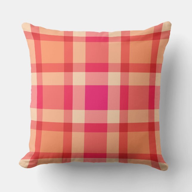 Mid-Century Plaid, Sinaasappel, Koraal en Fuchsia  Kussen (Voorkant)