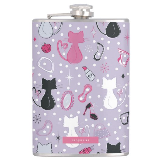 Mid Century Purple Heart Cats Flask Heupfles (Voorkant)