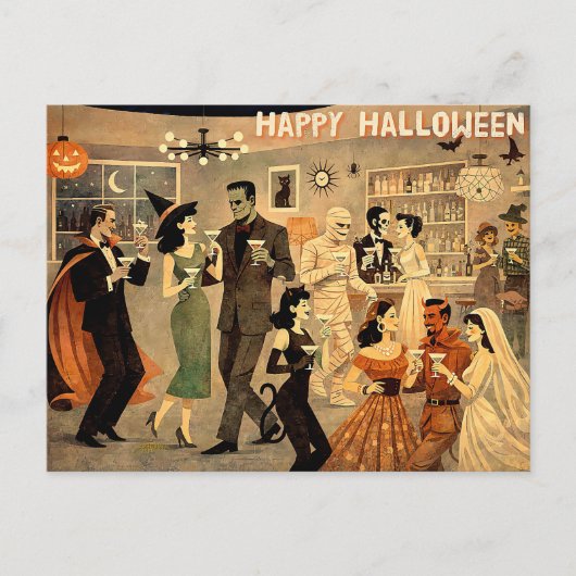 Mid Century Retro 40s Halloween Martini Feest Briefkaart (Voorkant)